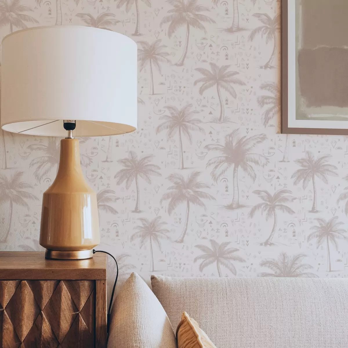 Papel pintado Palmeras con símbolos étnicos, tono rosa pastel a00213