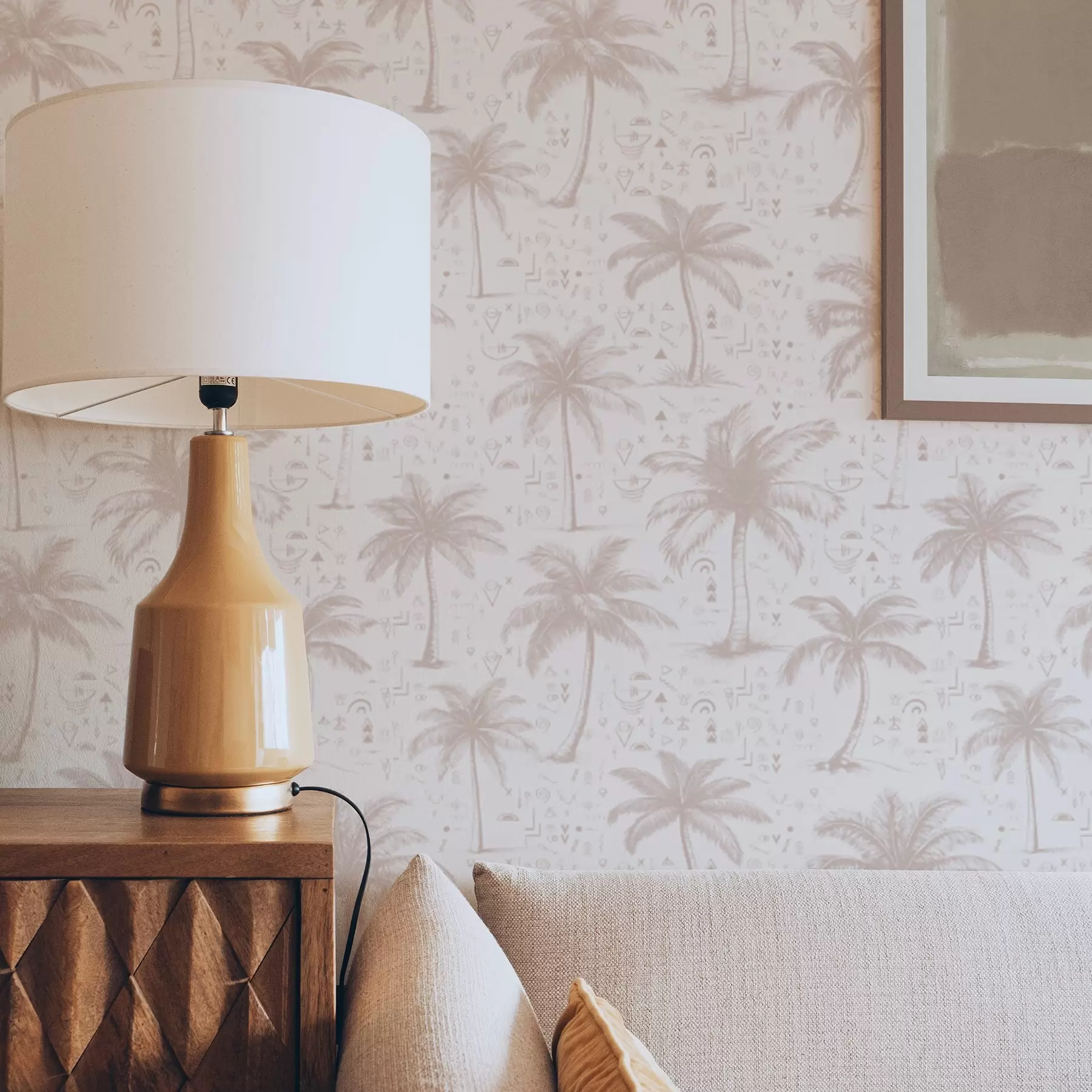 murales de pared Palmeras con símbolos étnicos, tono rosa pastel a00213