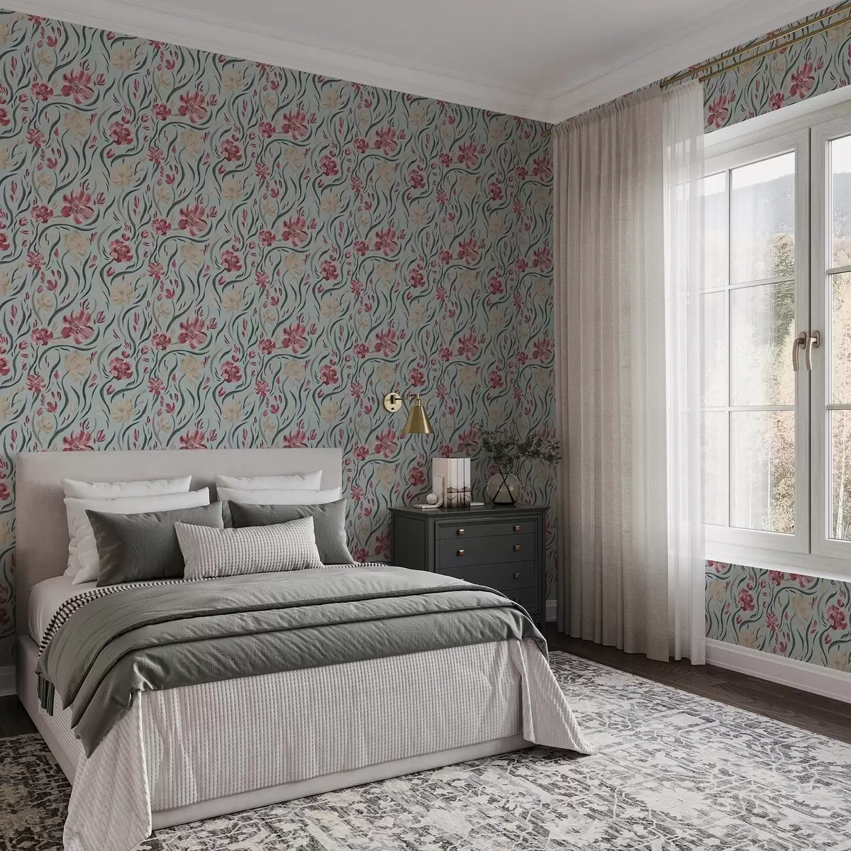 Papel pintado Flores de acuarela sobre fondo azul, estampado rojo y beige a00216