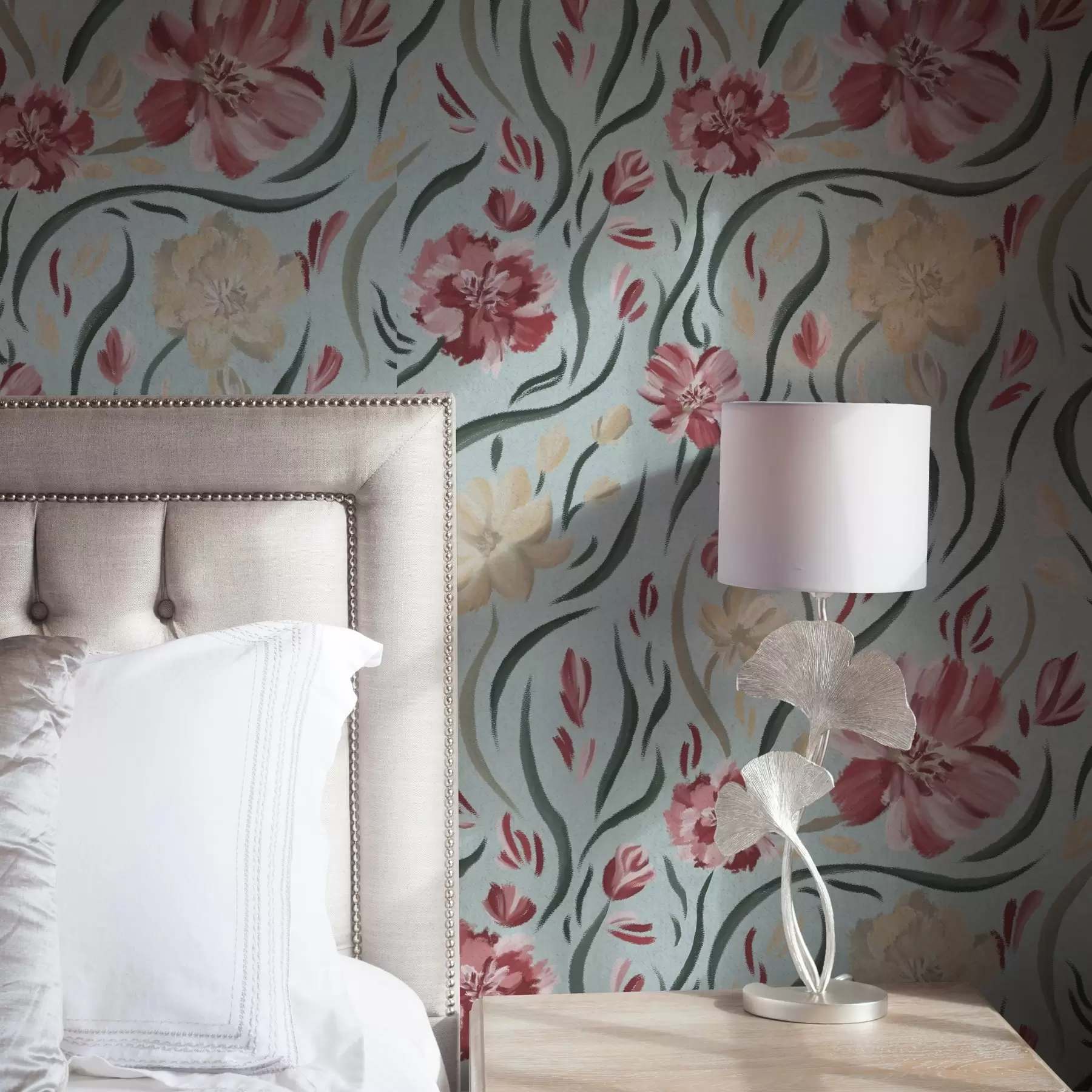 murales de pared Flores de acuarela sobre fondo azul, estampado rojo y beige a00216