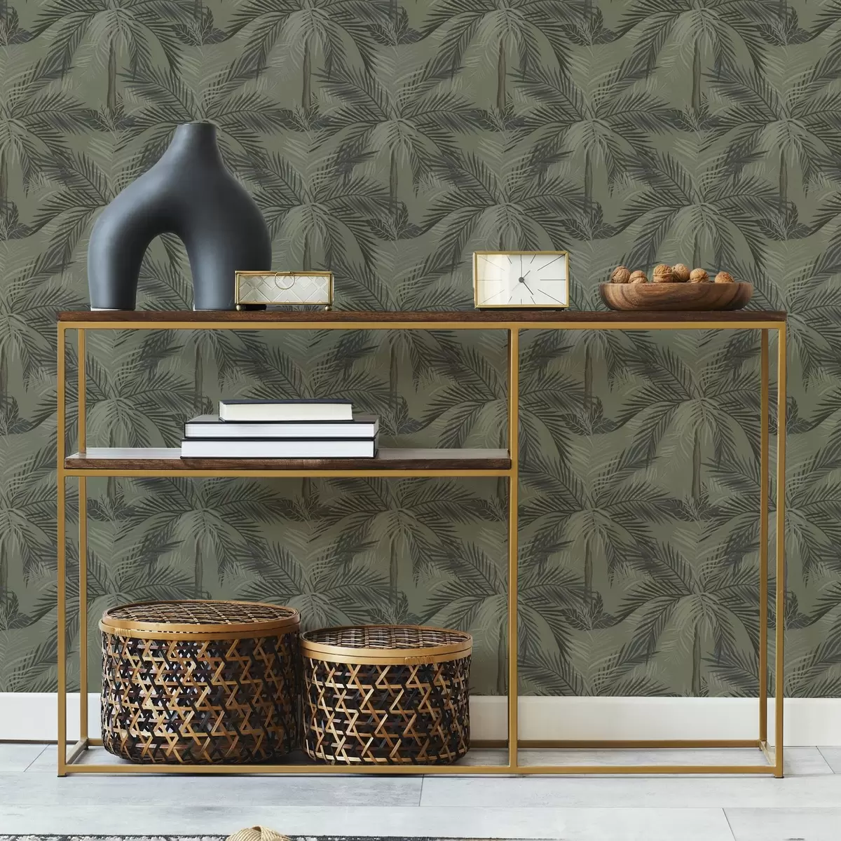 Papel pintado Hojas de palmera sobre fondo de olivo, selva, trópicos a00217