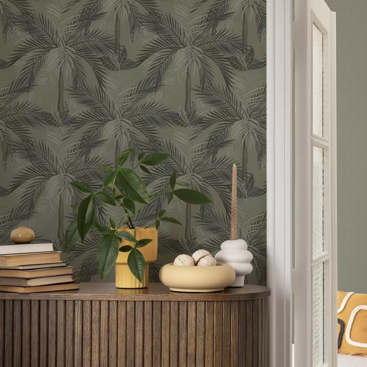 Papel pintado Hojas de palmera sobre fondo de olivo, selva, trópicos a00217