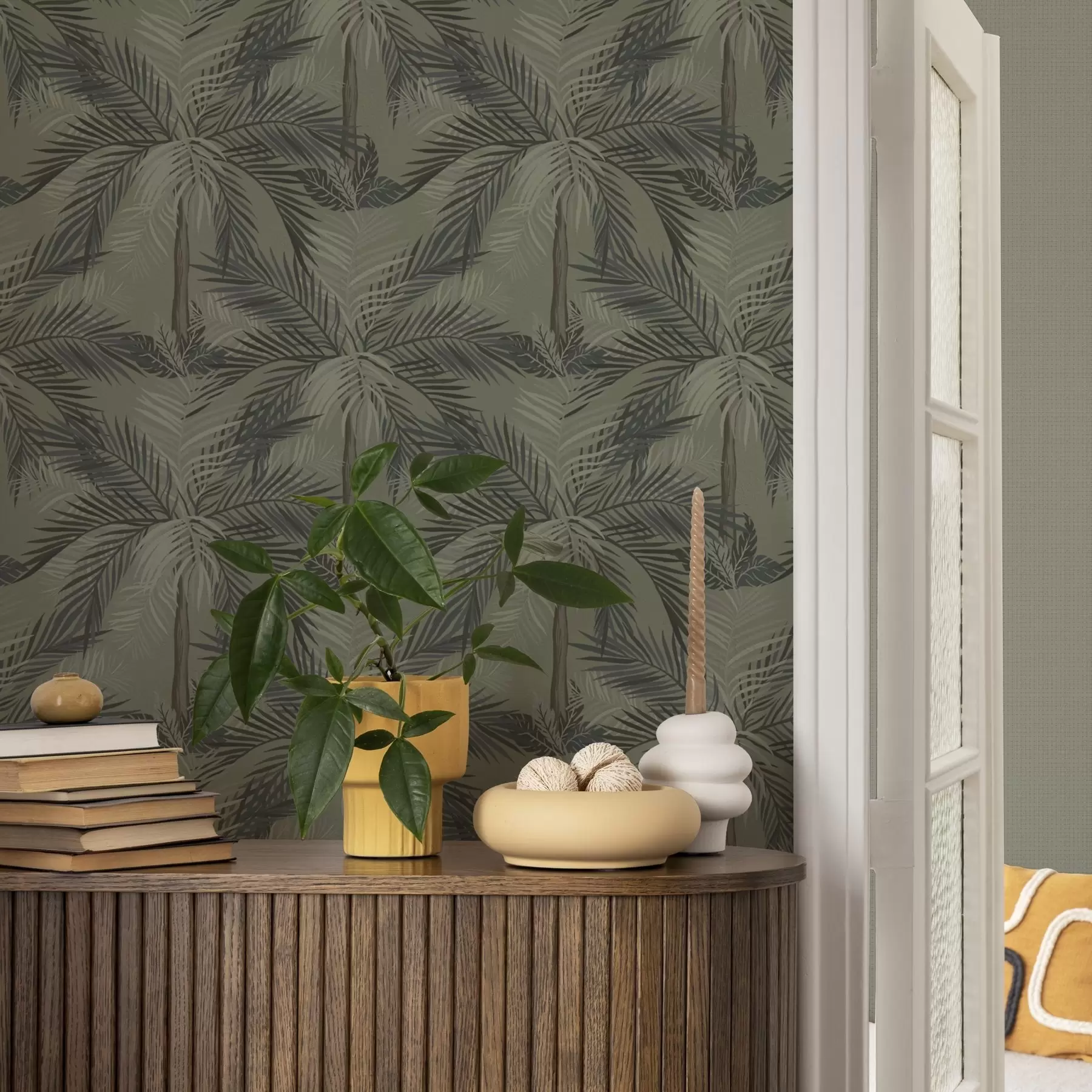 murales de pared Hojas de palmera sobre fondo de olivo, selva, trópicos a00217