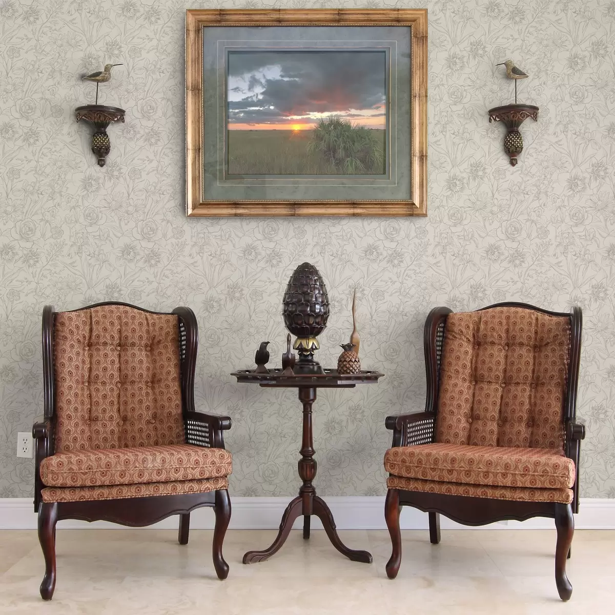 Papel pintado Flores de contorno sobre fondo crema, delicado motivo floral a00218