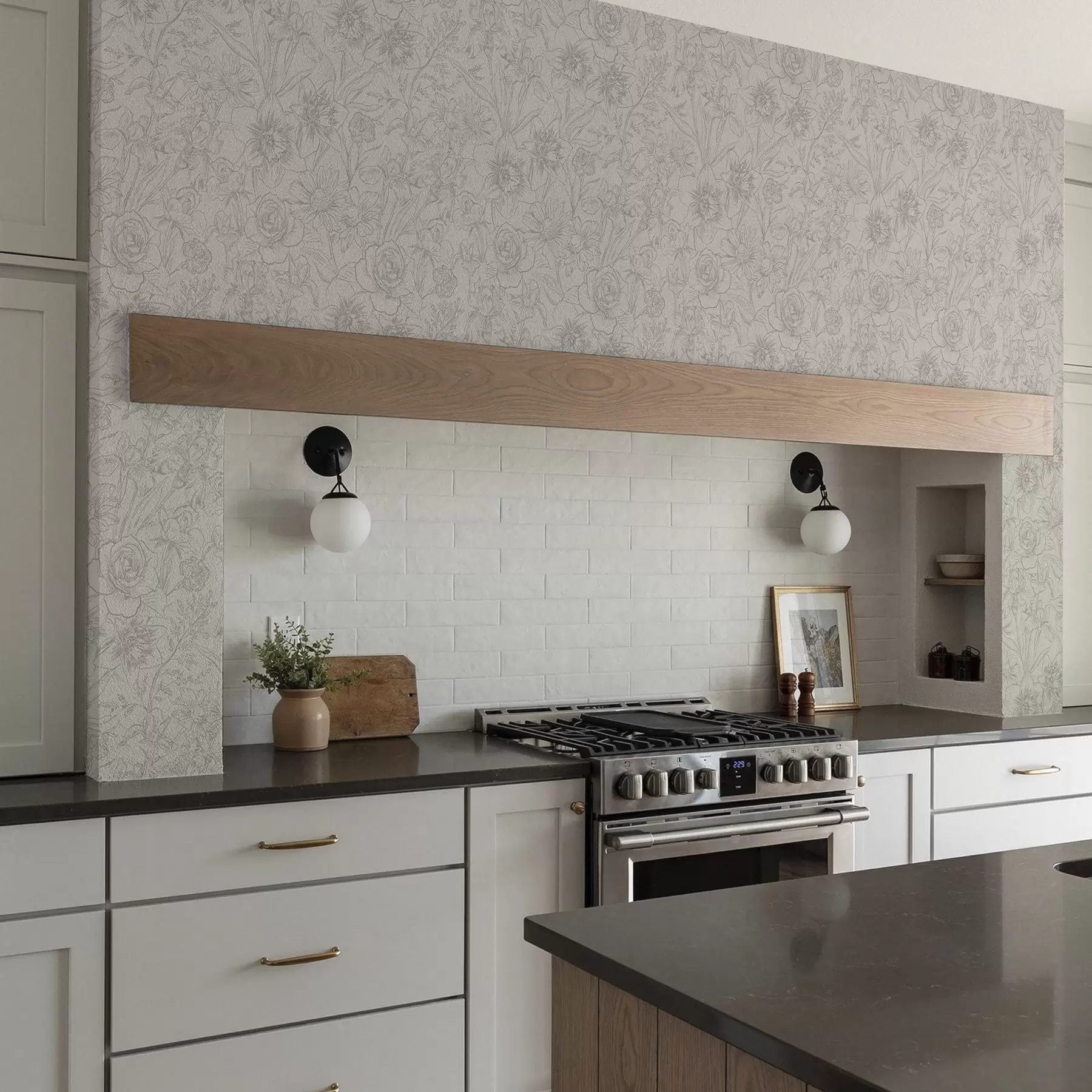 murales de pared Flores de contorno sobre fondo crema, delicado motivo floral a00218