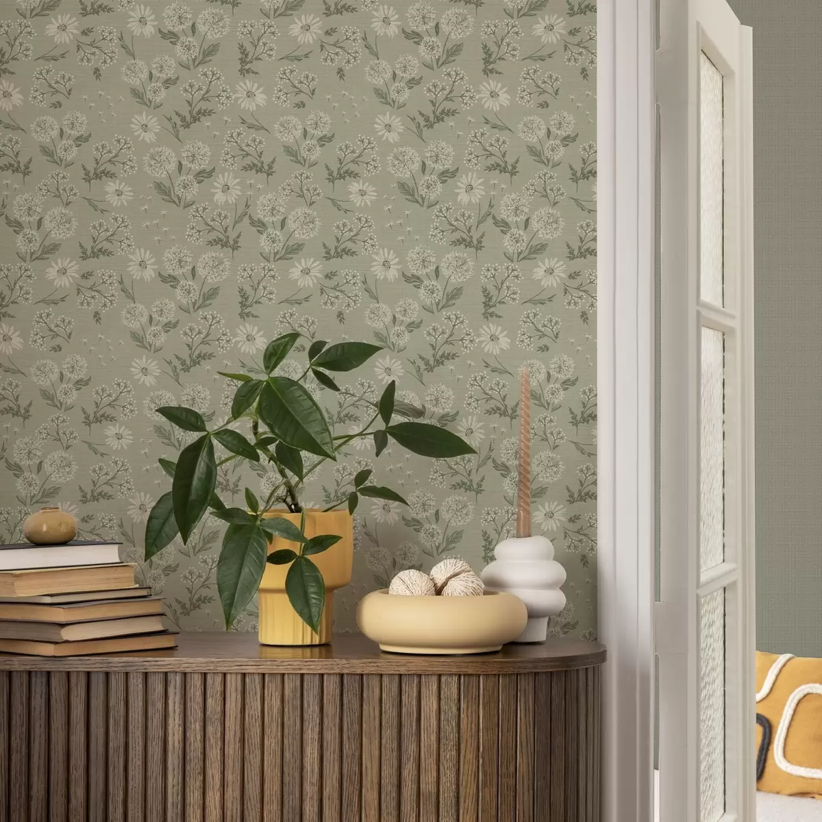 Papel pintado Dientes de león y margaritas, motivo botánico sobre fondo gris verdoso a00224