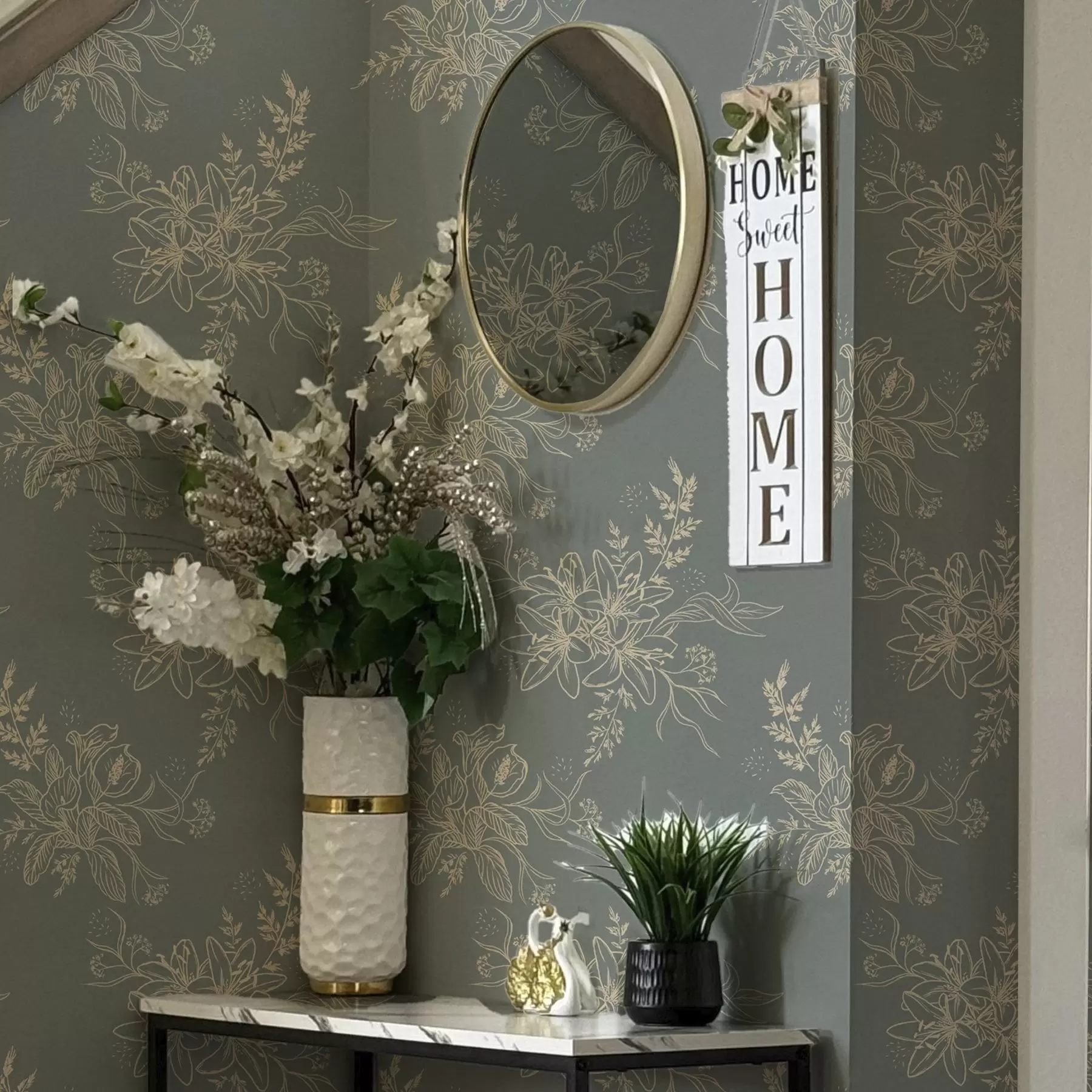 murales de pared Flores de contorno sobre fondo gris azulado, elegante motivo botánico a00226