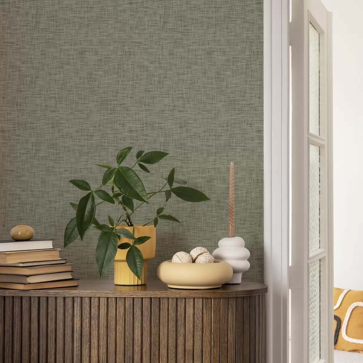 Papel pintado Textura de tejido gris verdoso, motivo de rejilla de lino a00235