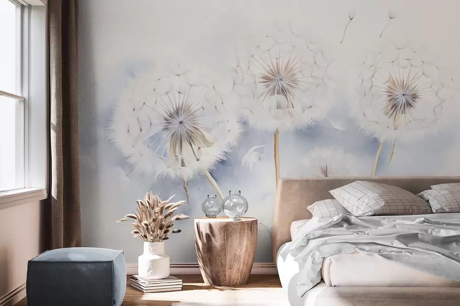 murales de pared Dientes de león texturizados con semillas flotando en el aire, fondo azul claro y blanco, estilo de dibujo suave y delicado w09190