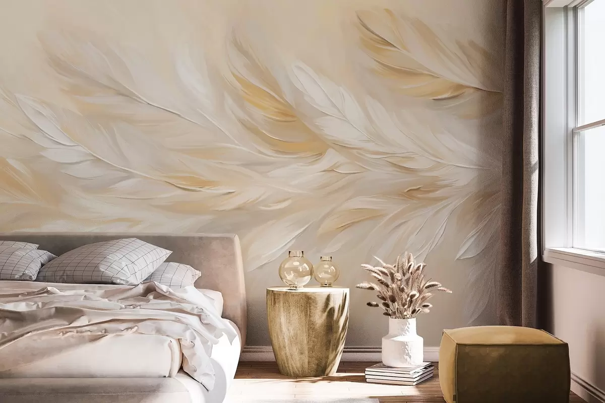 murales de pared Plumas blancas y beige dispuestas en un estampado fluido, textura suave, paleta de colores cálidos, fondo abstracto w09191