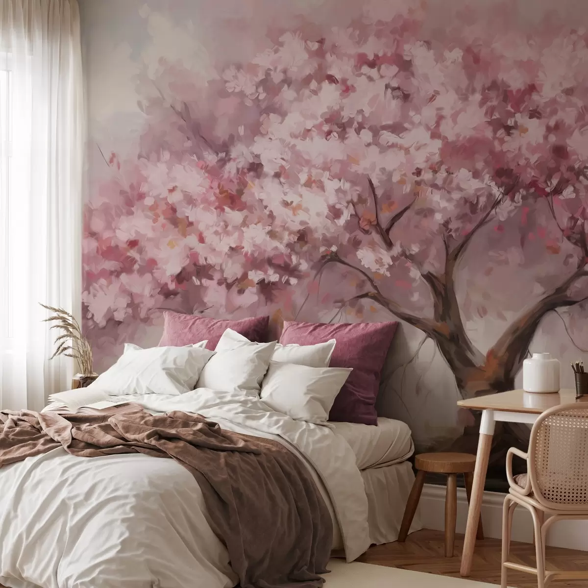 murales de pared Abstracto árbol en flor rosa en plena floración, junto a un río, pinceladas de textura suave y colores pastel w09193