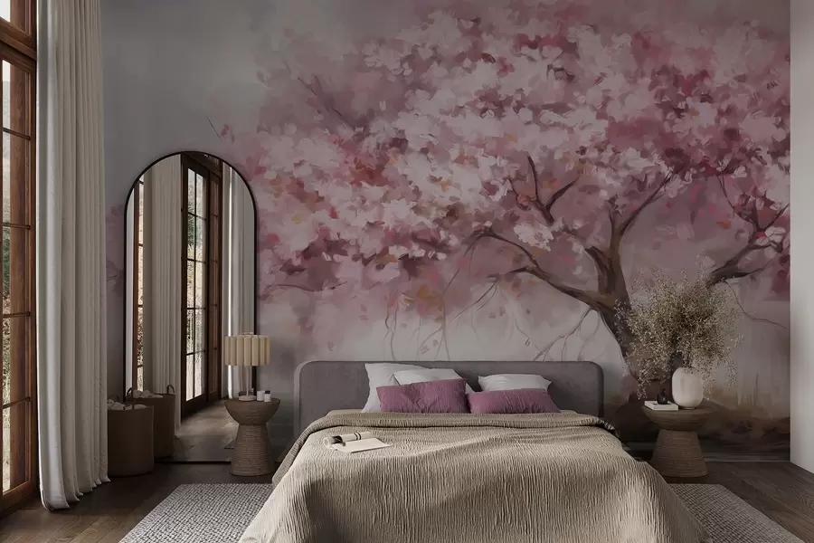 murales de pared Abstracto árbol en flor rosa en plena floración, junto a un río, pinceladas de textura suave y colores pastel w09193