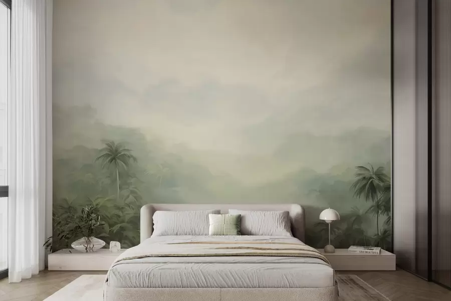 murales de pared Paisaje selvático con exuberantes palmeras verdes y colinas ondulantes , colores pastel suaves, imitación pintura texturizada w09194