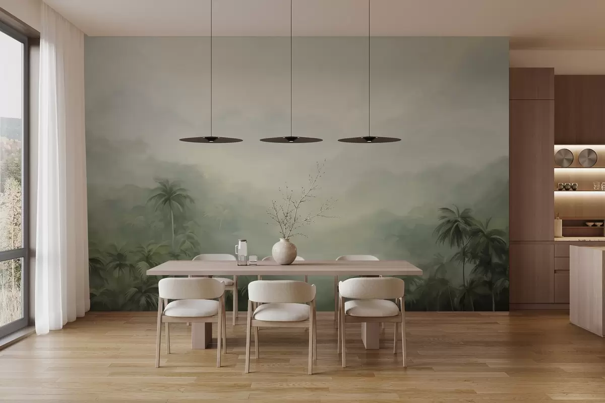 murales de pared Paisaje selvático con exuberantes palmeras verdes y colinas ondulantes , colores pastel suaves, imitación pintura texturizada w09194