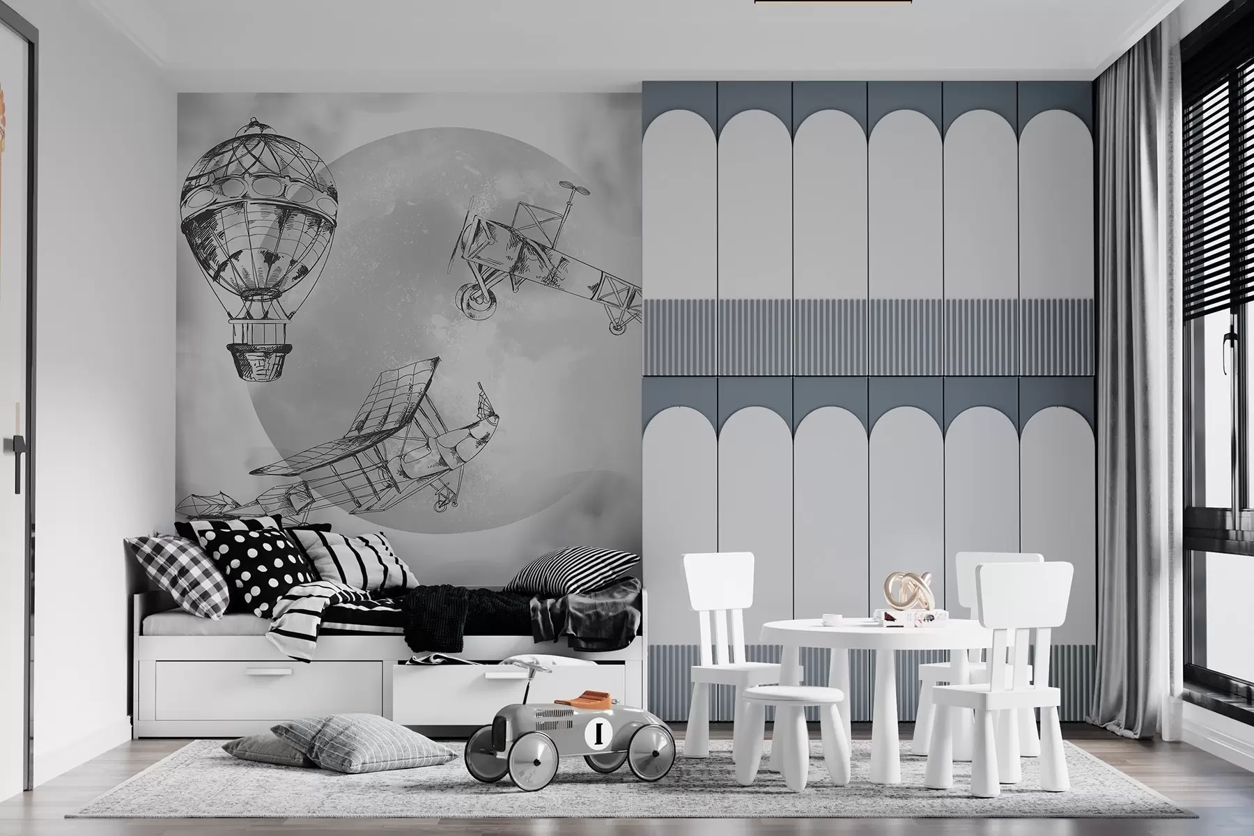 murales de pared Aviones retro sobre el fondo de la luna y las nubes w04085