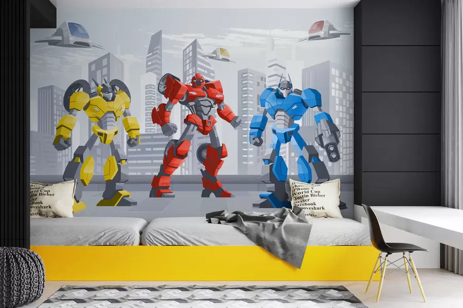 murales de pared Robots transformadores con el telón de fondo de una ciudad monocroma w04012