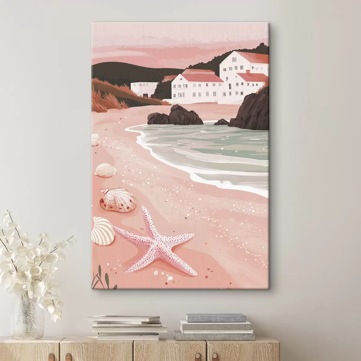 murales de pared Acogedora playa rosa con casas blancas y conchas marinas  s44713