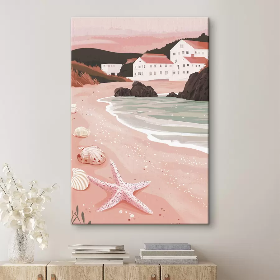 murales de pared Acogedora playa rosa con casas blancas y conchas marinas  s44713