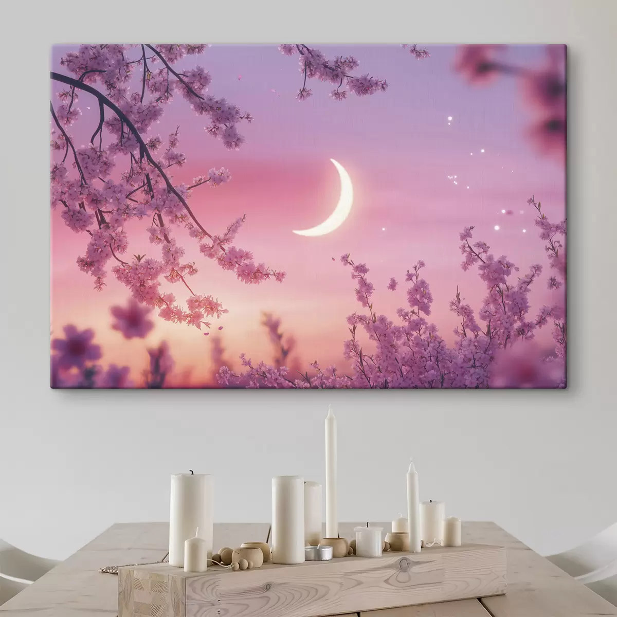 murales de pared Flor de cerezo, cielo rosa con luna brillante, realismo s44715