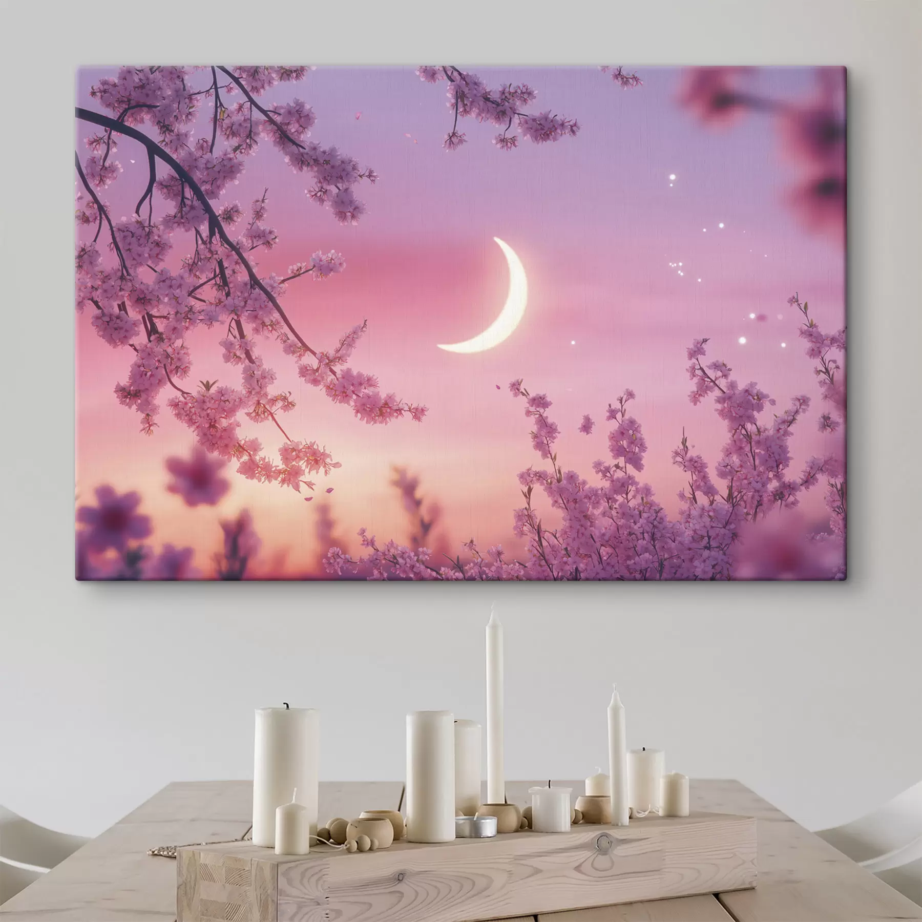 murales de pared Flor de cerezo, cielo rosa con luna brillante, realismo s44715