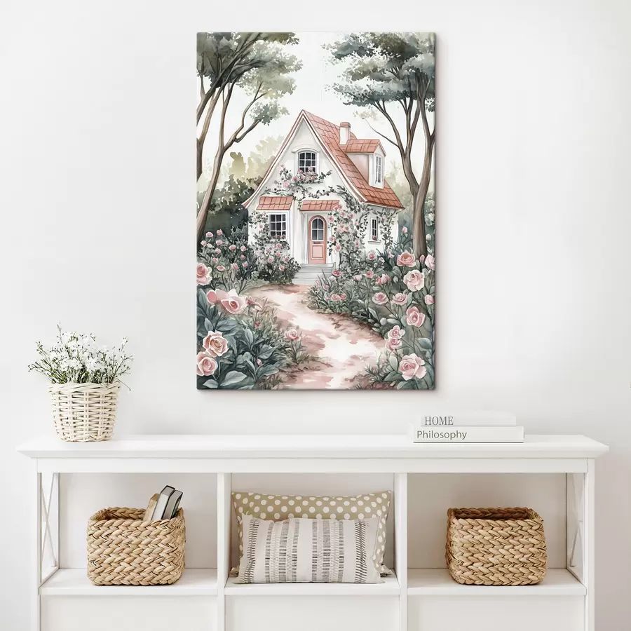 murales de pared Casa blanca con jardín de rosas en el bosque s44716