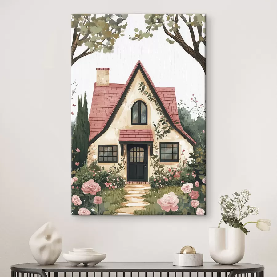 murales de pared Una casa de cuento en el bosque, rosas, estilo pastel s44718