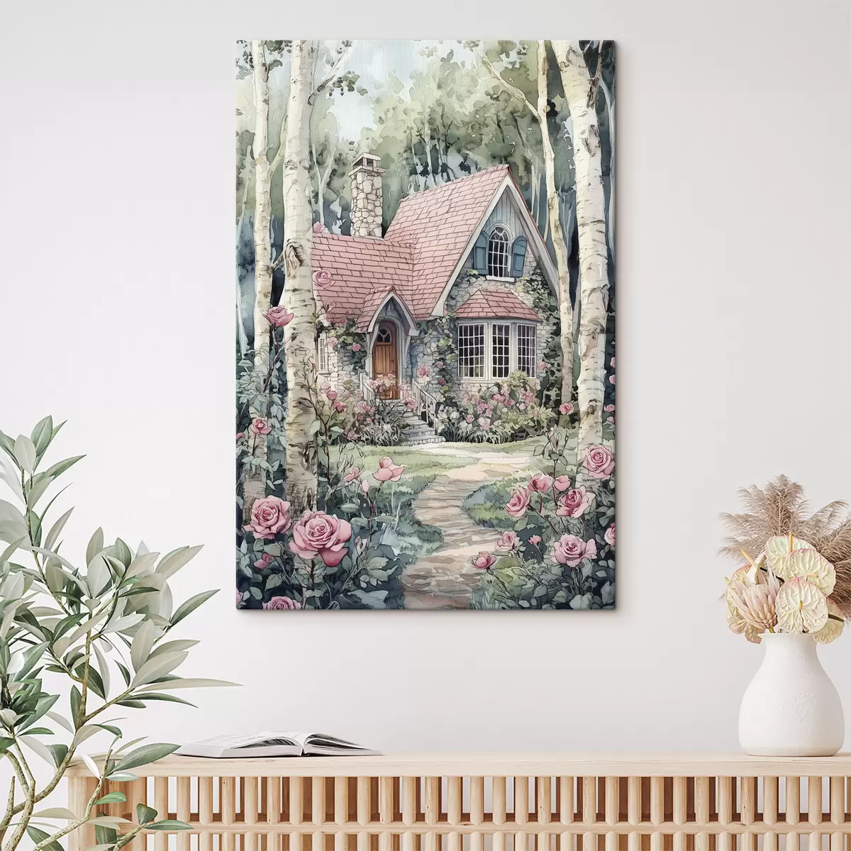 murales de pared Hermosa casa en los abedules, jardín de rosas s44721