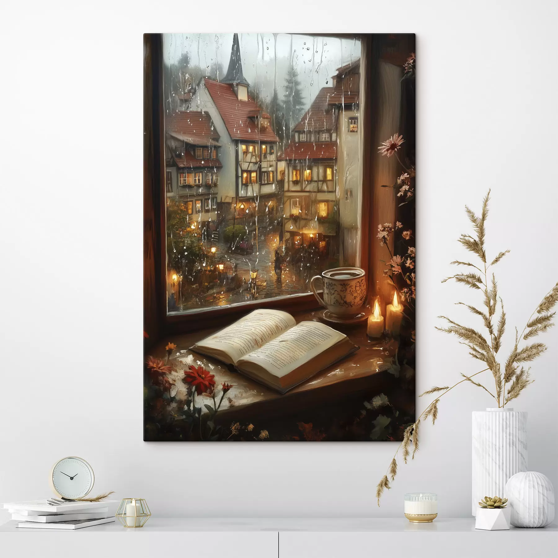 murales de pared Libro en el alféizar, velas, día lluvioso, acogedor s44722