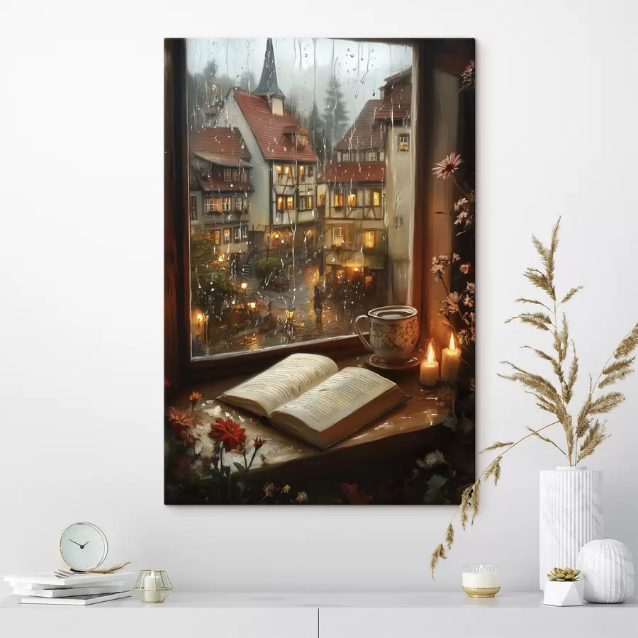 murales de pared Libro en el alféizar, velas, día lluvioso, acogedor s44722