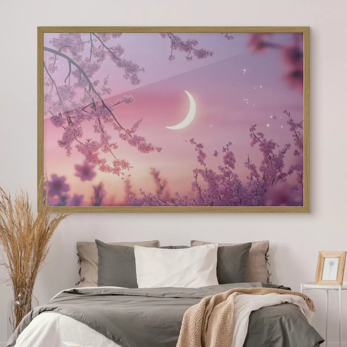 Poster Flor de cerezo, cielo rosa con luna brillante, realismo f44715