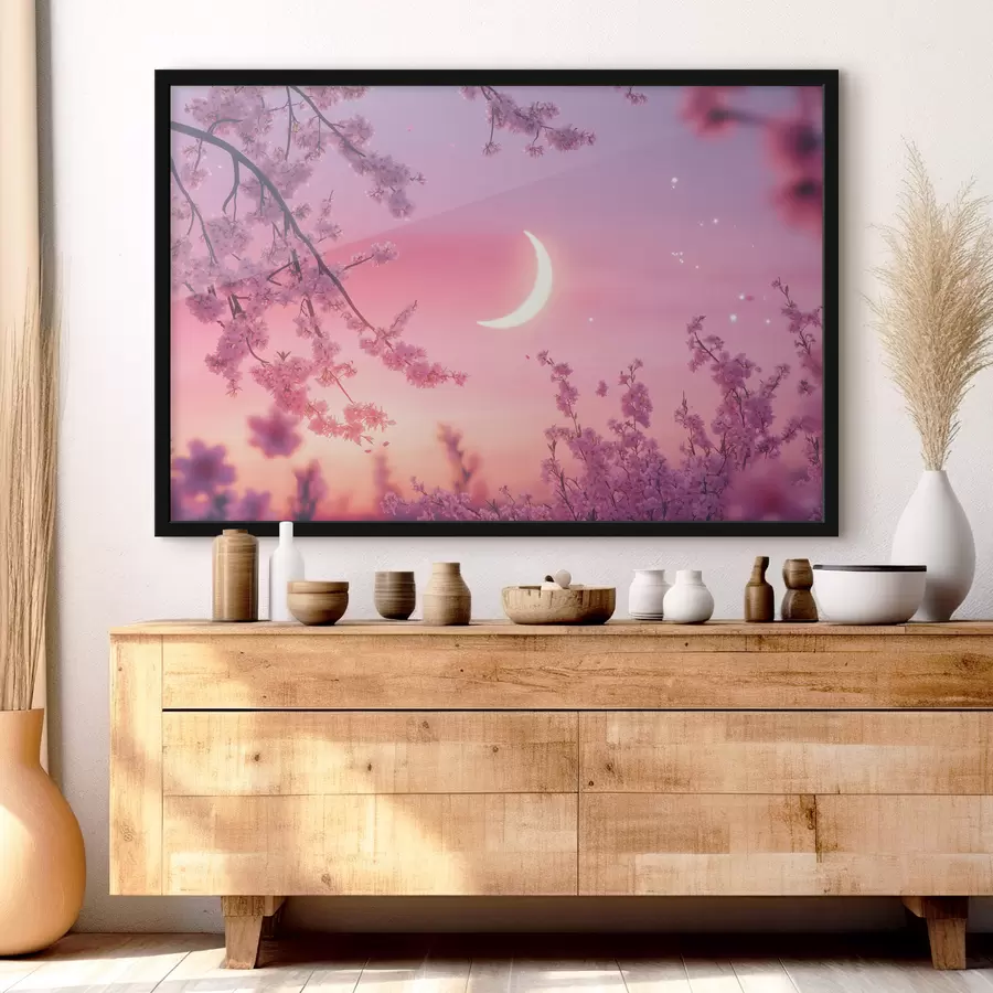 murales de pared Flor de cerezo, cielo rosa con luna brillante, realismo f44715