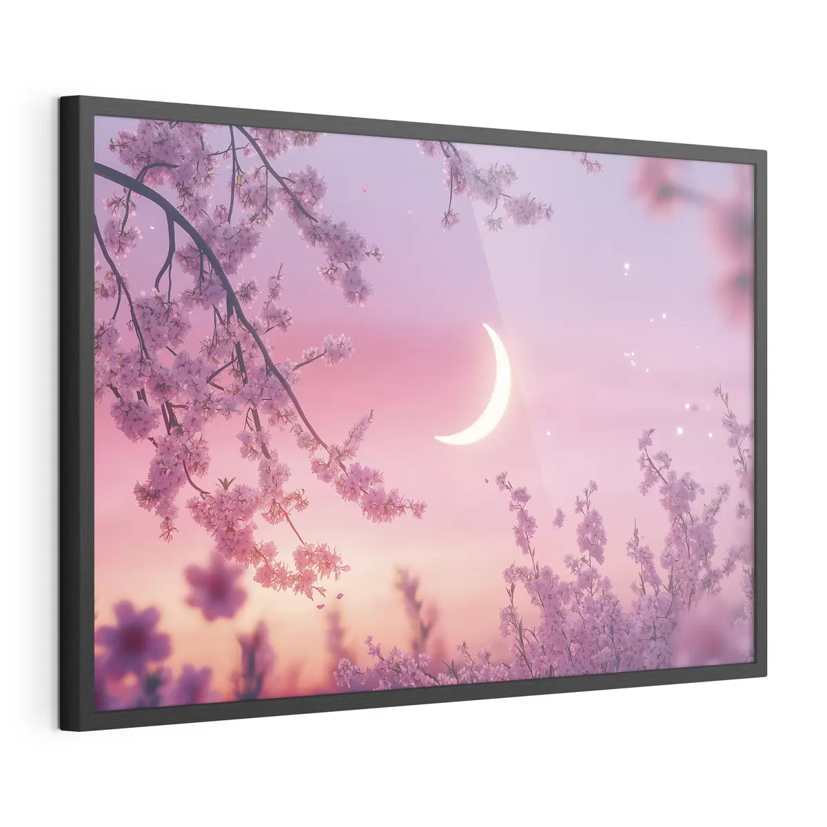 Poster Flor de cerezo, cielo rosa con luna brillante, realismo f44715