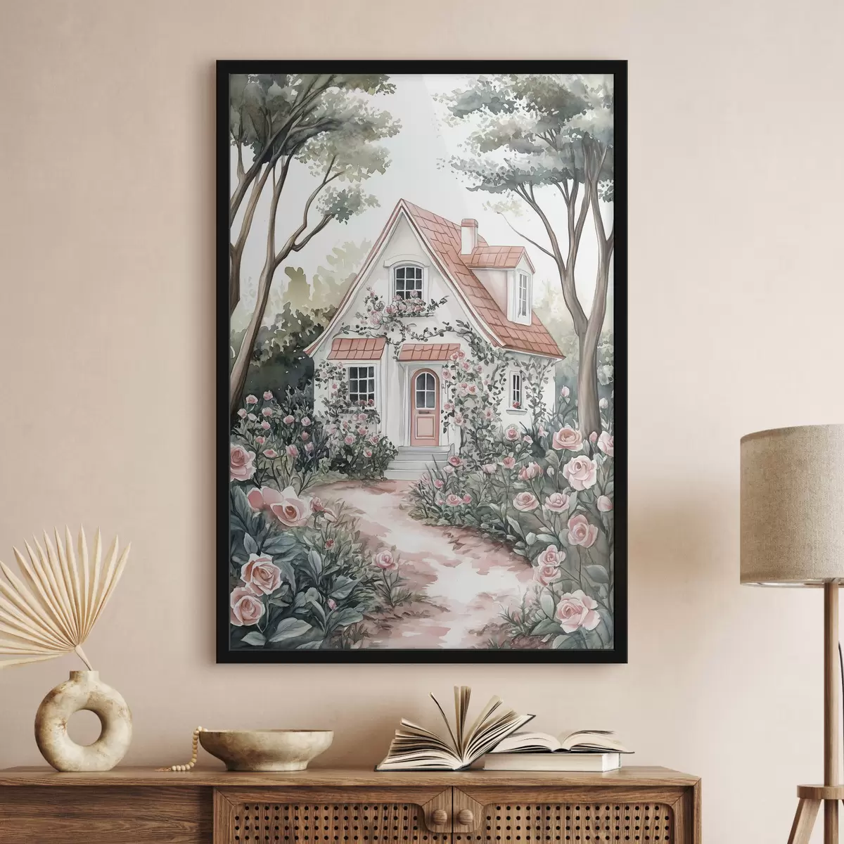 Poster Casa blanca con jardín de rosas en el bosque f44716