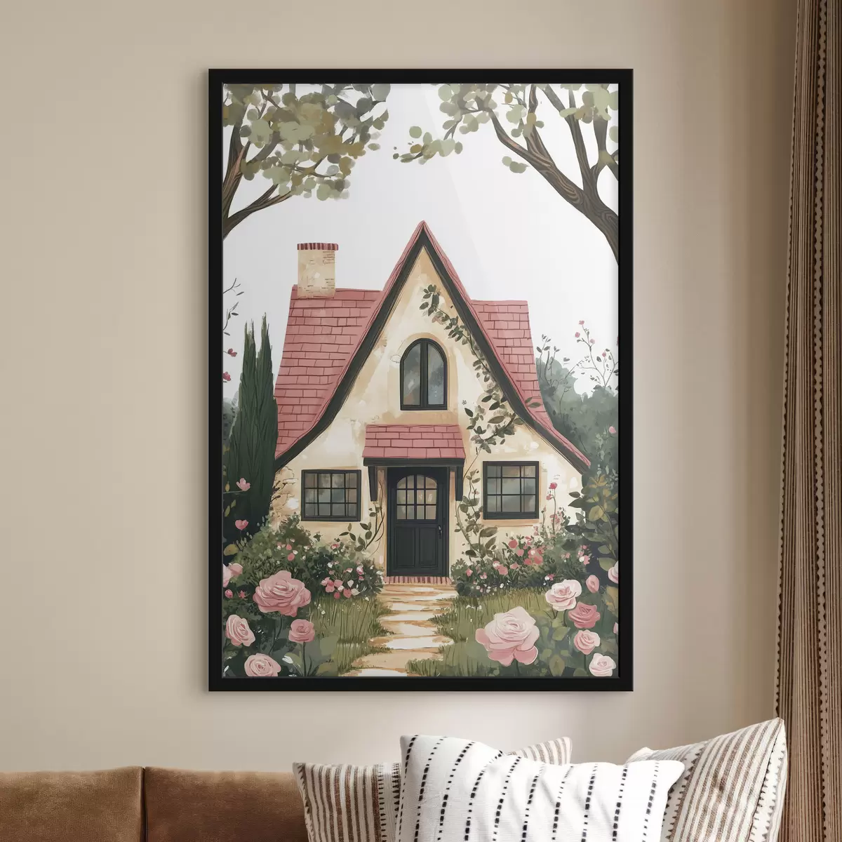Poster Una casa de cuento en el bosque, rosas, estilo pastel f44718