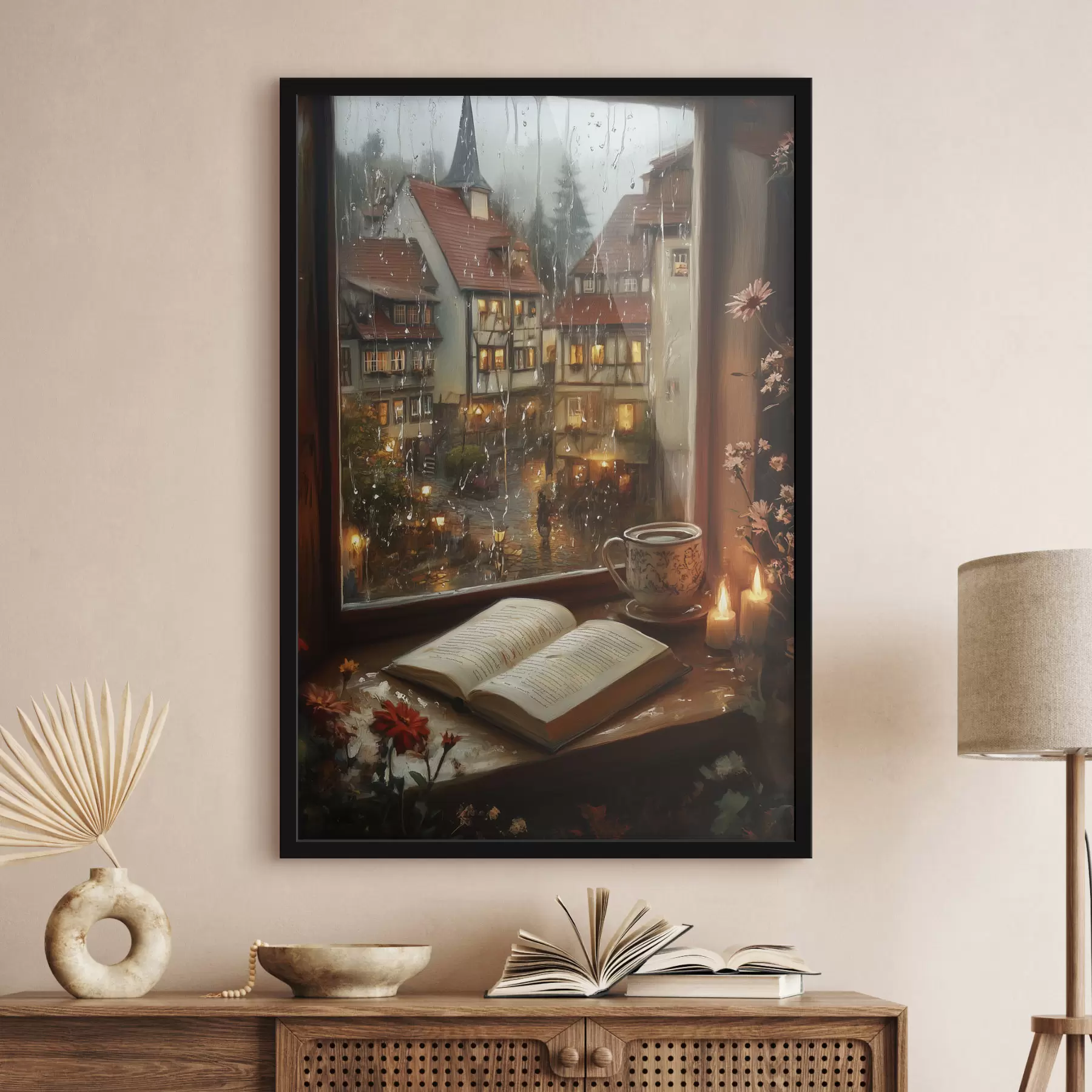 murales de pared Libro en el alféizar, velas, día lluvioso, acogedor f44722
