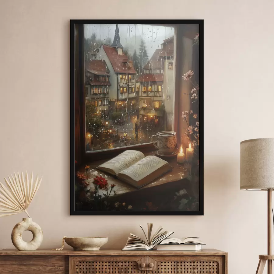 murales de pared Libro en el alféizar, velas, día lluvioso, acogedor f44722