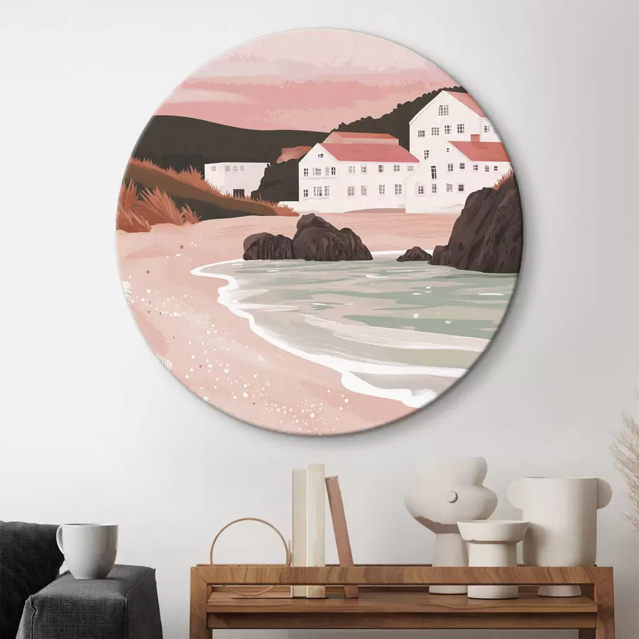 murales de pared Acogedora playa rosa con casas blancas y conchas marinas r44713