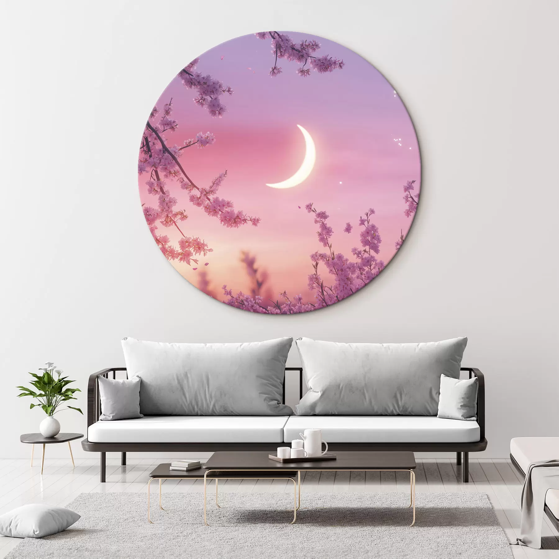 murales de pared Flor de cerezo, cielo rosa con luna brillante, realismo r44715