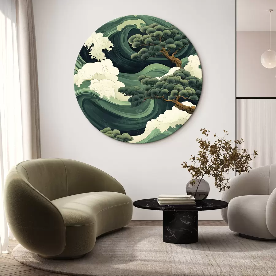 murales de pared Dibujo de estilo chino con olas de mar y pinos r44719