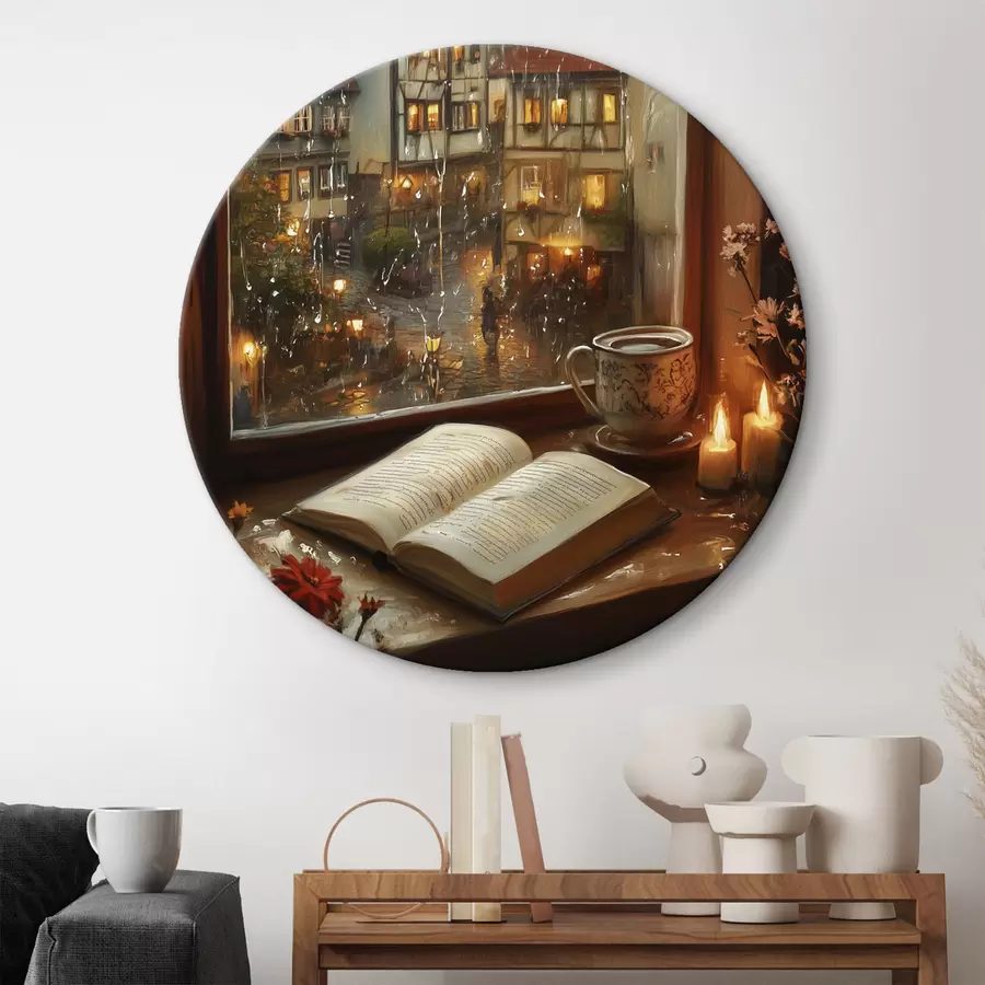 murales de pared Libro en el alféizar, velas, día lluvioso, acogedor r44722