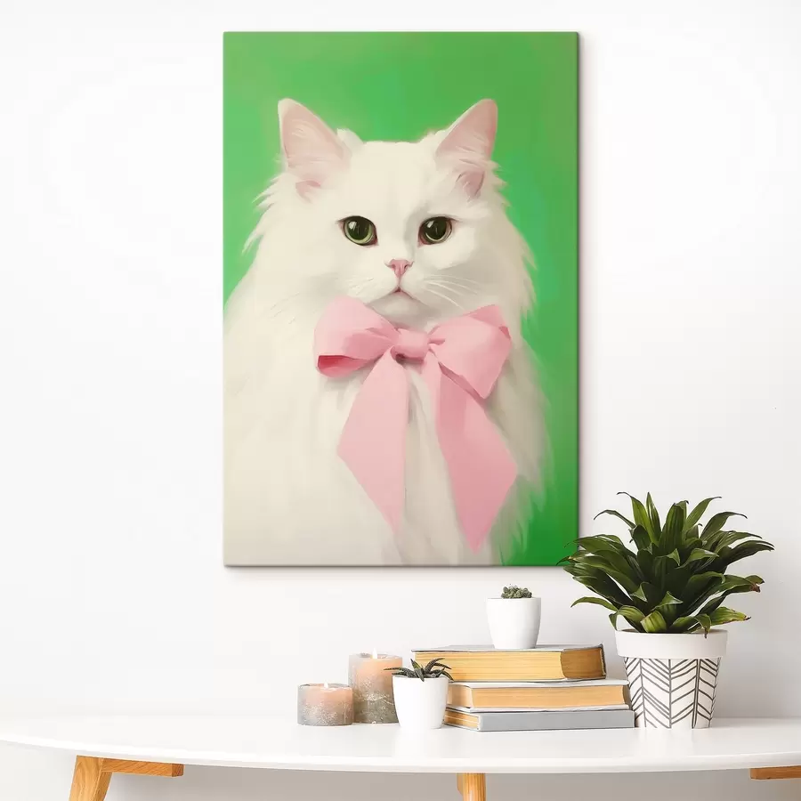 murales de pared Gato blanco con lazo rosa s44739