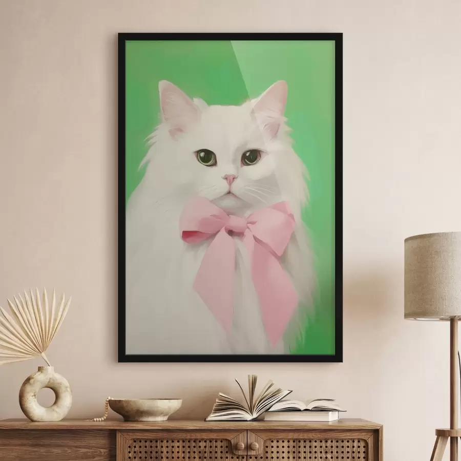 murales de pared Gato blanco con lazo rosa f44739