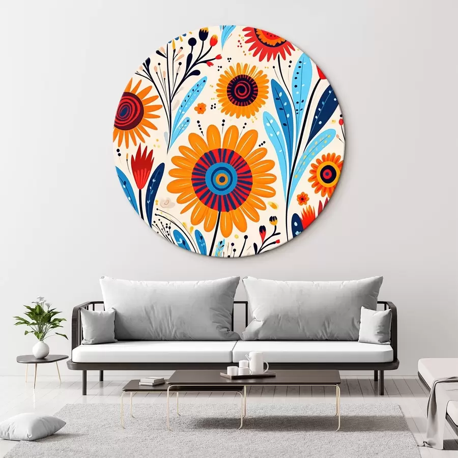 murales de pared Flores estilizadas en tonos azules y naranjas r44761