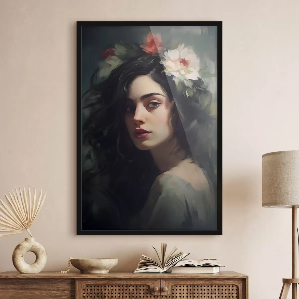 Poster Mujer morena con corona de flores f44762