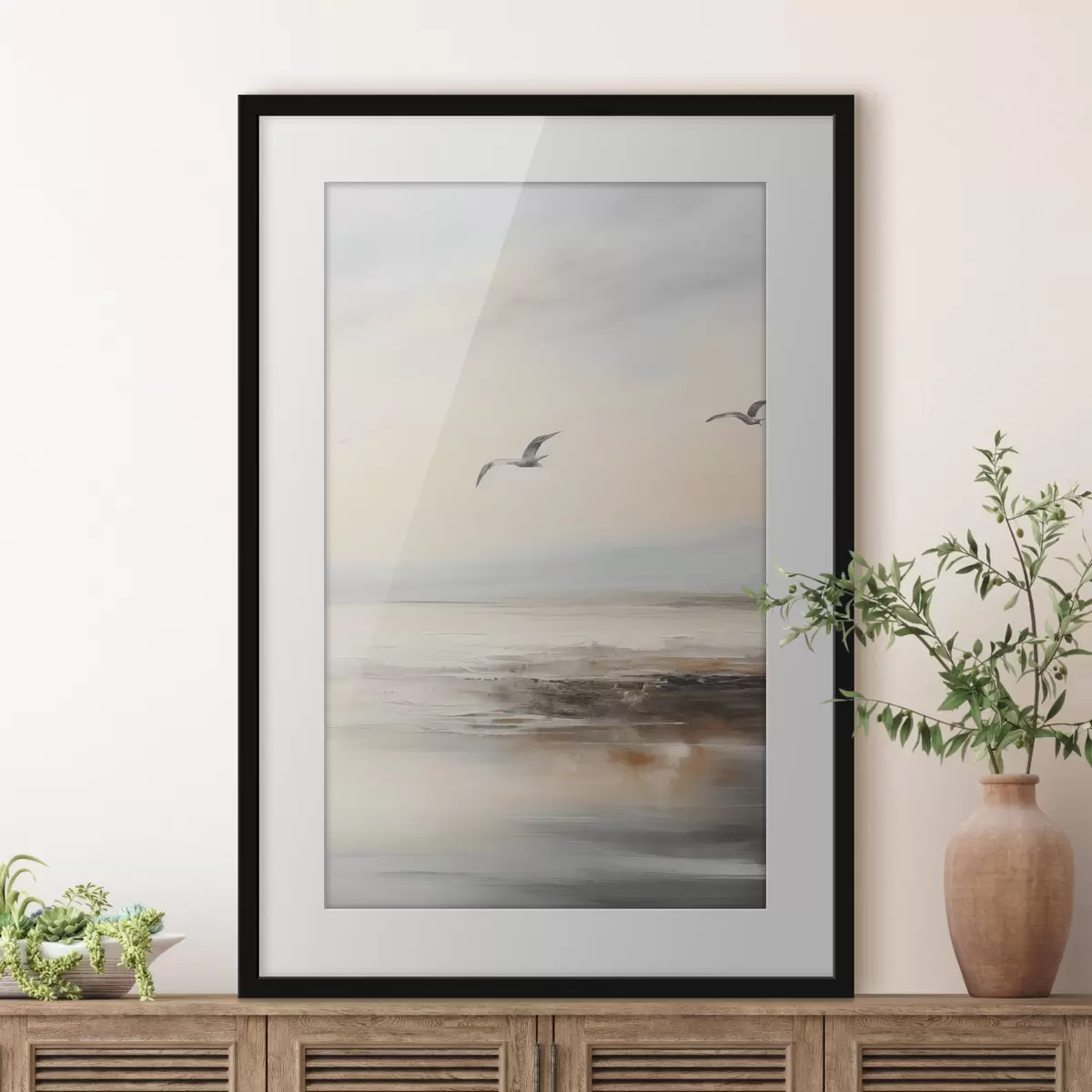 Poster Paisaje en colores pastel con gaviotas volando f44763