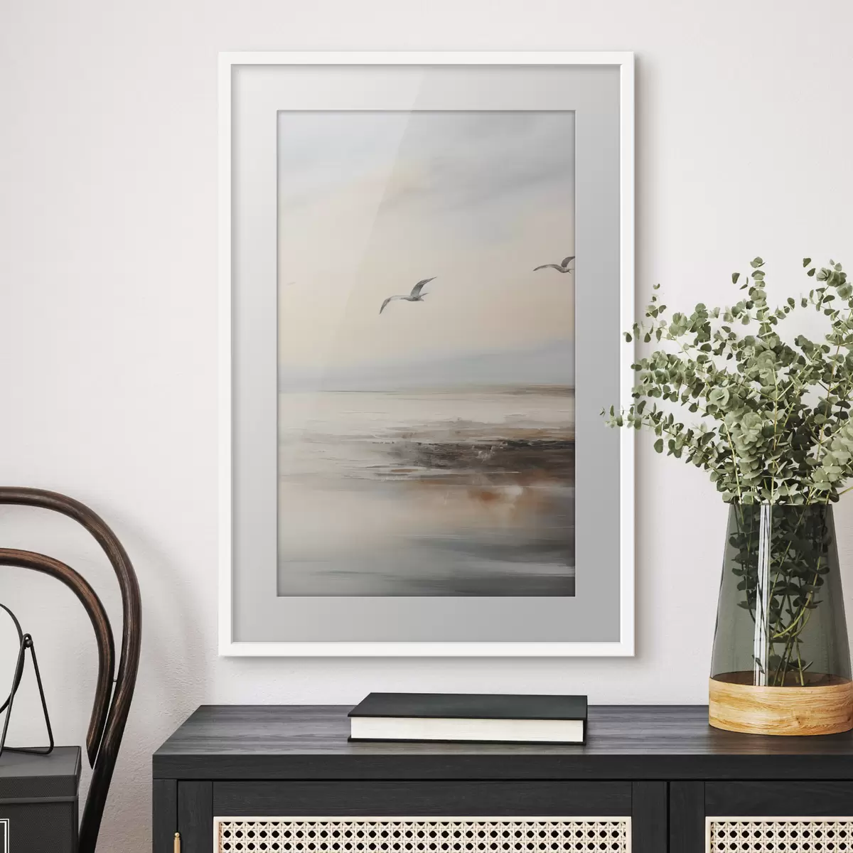 Poster Paisaje en colores pastel con gaviotas volando f44763