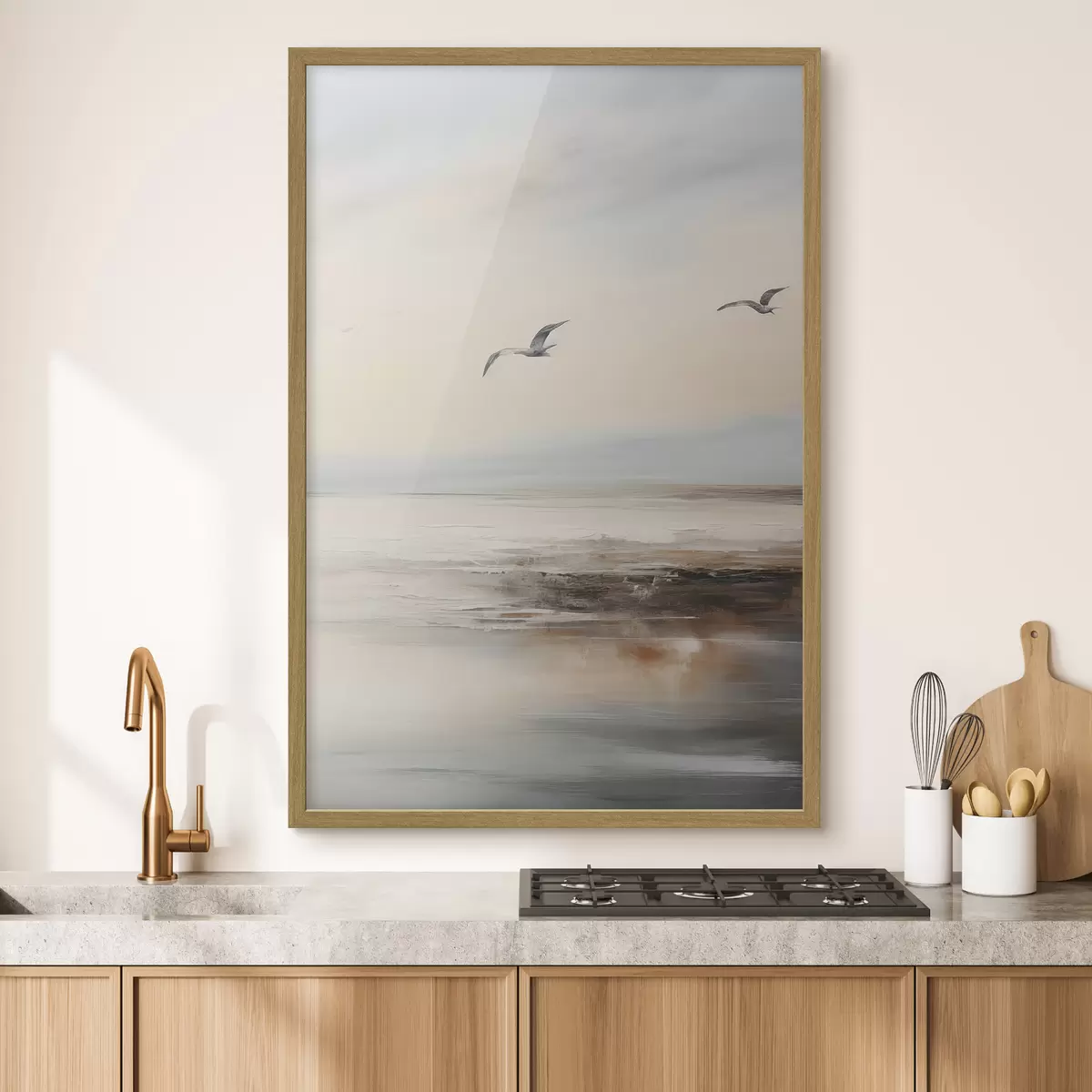 Poster Paisaje en colores pastel con gaviotas volando f44763