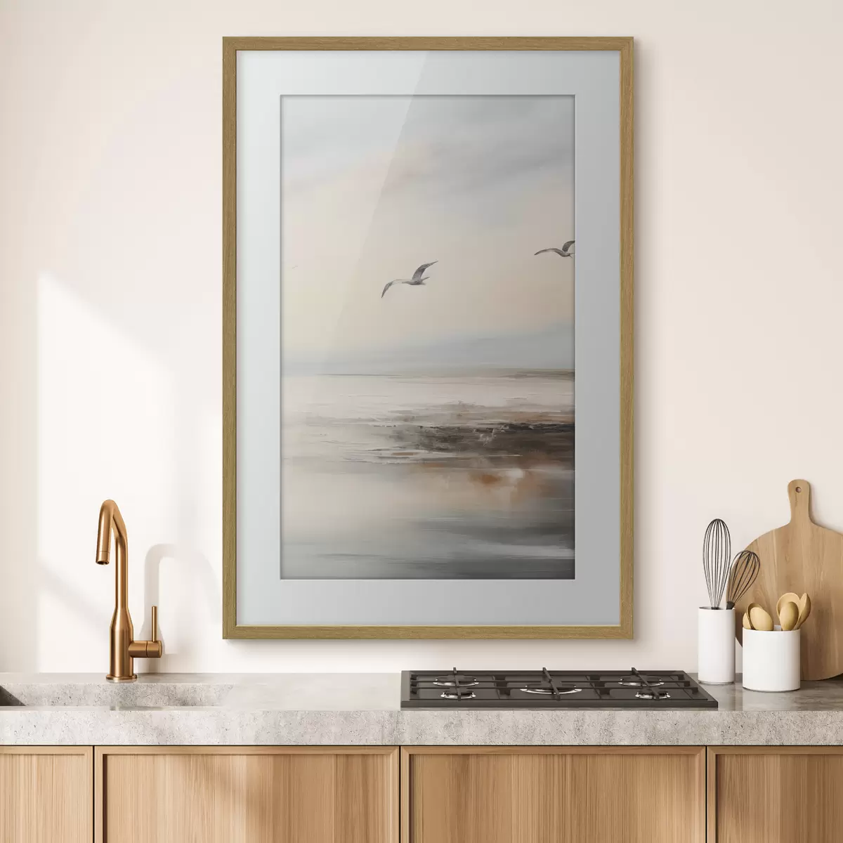 Poster Paisaje en colores pastel con gaviotas volando f44763