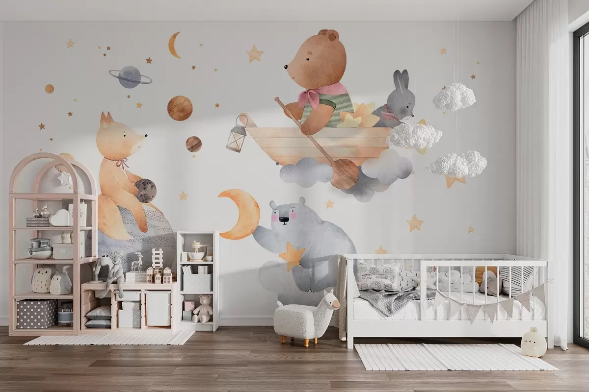 murales de pared Animales de cuento entre nubes y estrellas w04123