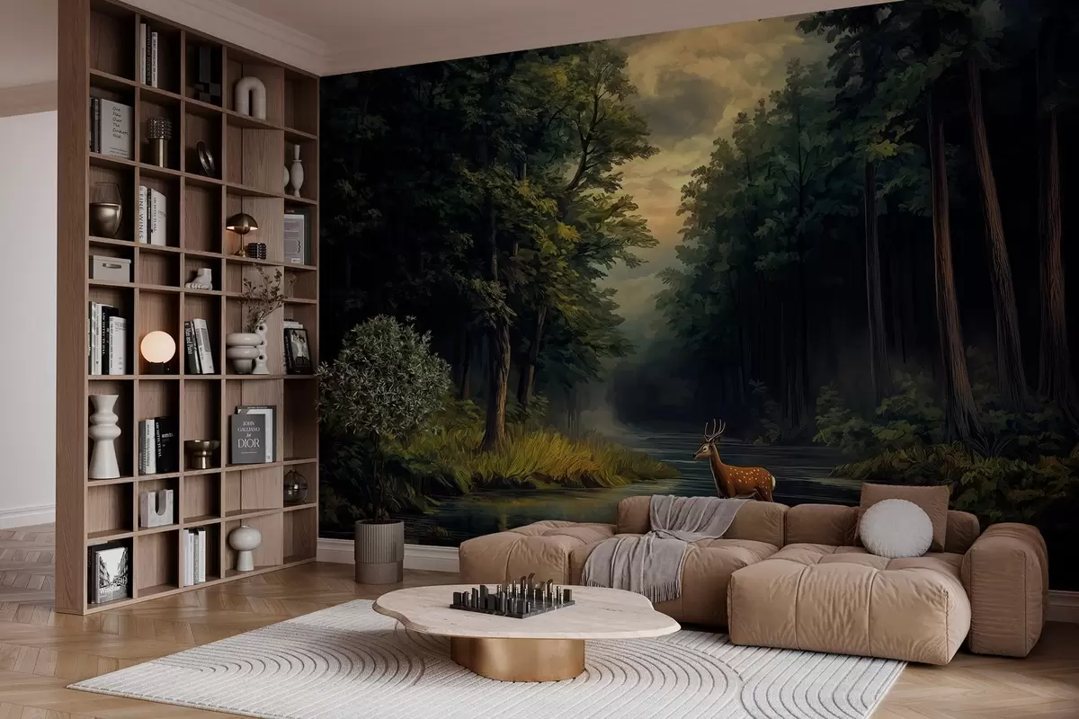 murales de pared Bosque con ciervos y río al estilo del óleo holandés w04072
